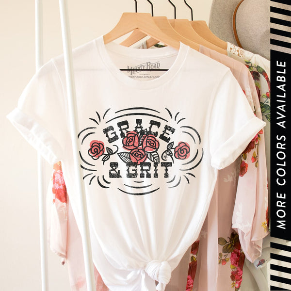 Mercy Road Apparel Grace and Grit T Shirt, Rose Shirt, Flower Country Western T-Shirt White Crew / L