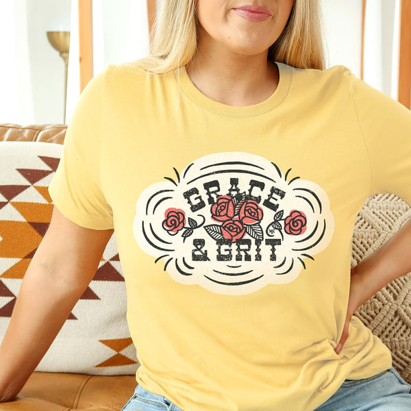 Mercy Road Apparel Grace and Grit T Shirt, Rose Shirt, Flower Country Western T-Shirt White Crew / L