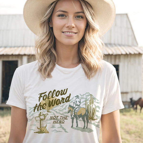 Follow The Word Not The Herd T Shirt, Christian Faith Shirt, Country Western Horse Cowboy Tee