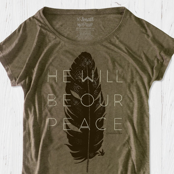 God is Our Peace Christian Military T Shirt for women, Flowy Dolman Olive Green