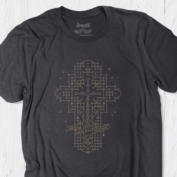 Dark Gray Black Laminin Cross T Shirt | Decorative Christian Cross T Shirt