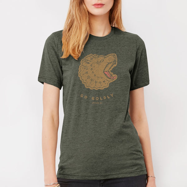 Christian Gospel Witness Roaring Lion T Shirt in Olive Green for Women