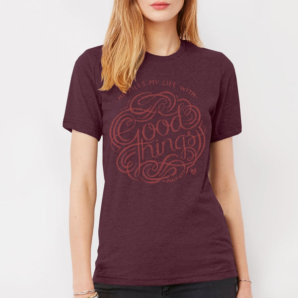God is Good Christian T-shirt for Women | Maroon Triblend Psalm 103 Tee
