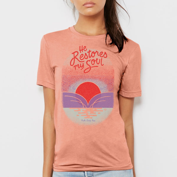 He leads me beside still waters T shirt | peach religious shirt
