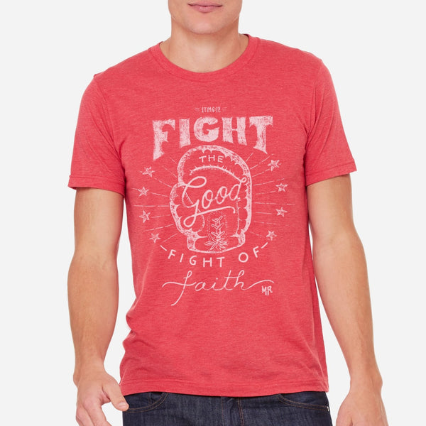 Fight the Good Fight of Faith Christian Boxing T shirt for Men | Red Triblend Tee