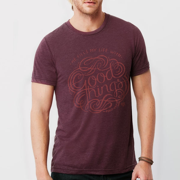 God Fills My Life With Good Things Christian T-Shirt for Men | Maroon Tribend Tee