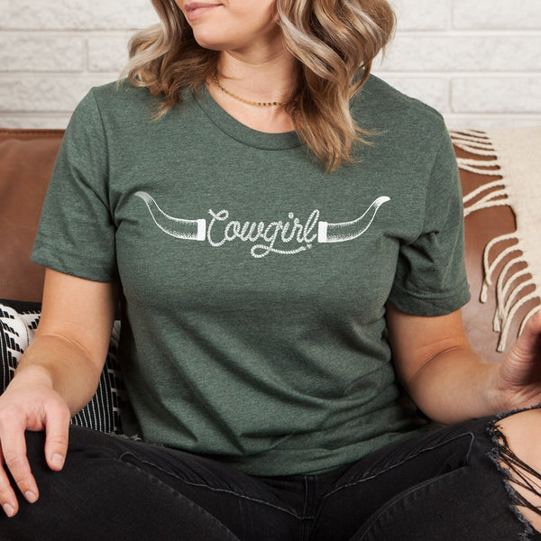 Cowgirl T Shirt, Cow Shirt, Ranch Wife Tee, Bull Longhorn Country Western T-Shirt Heather Forest Green / 2XL