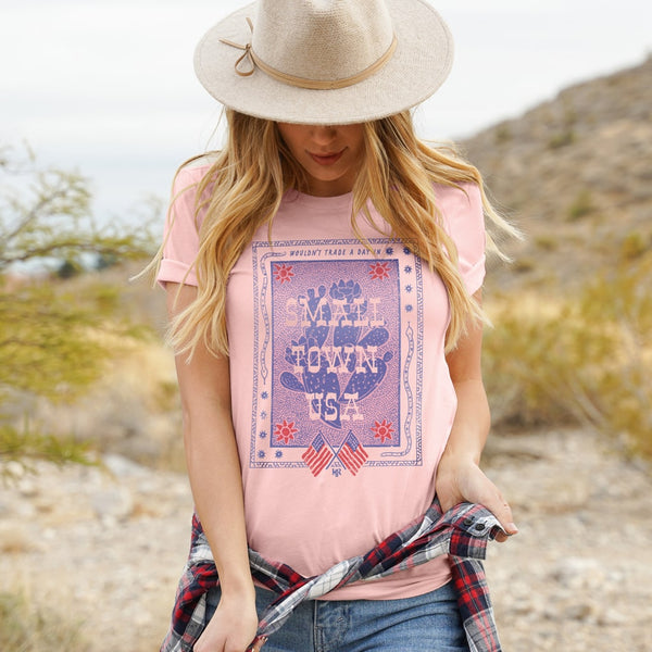 Pink Southwest Desert Cactus Patriotic T shirt for Women