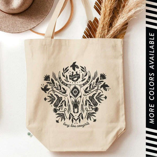 Country Western Canvas Tote, Long Live Cowgirls Shopping Bag, Texas Longhorn Cow Shoulder Bag